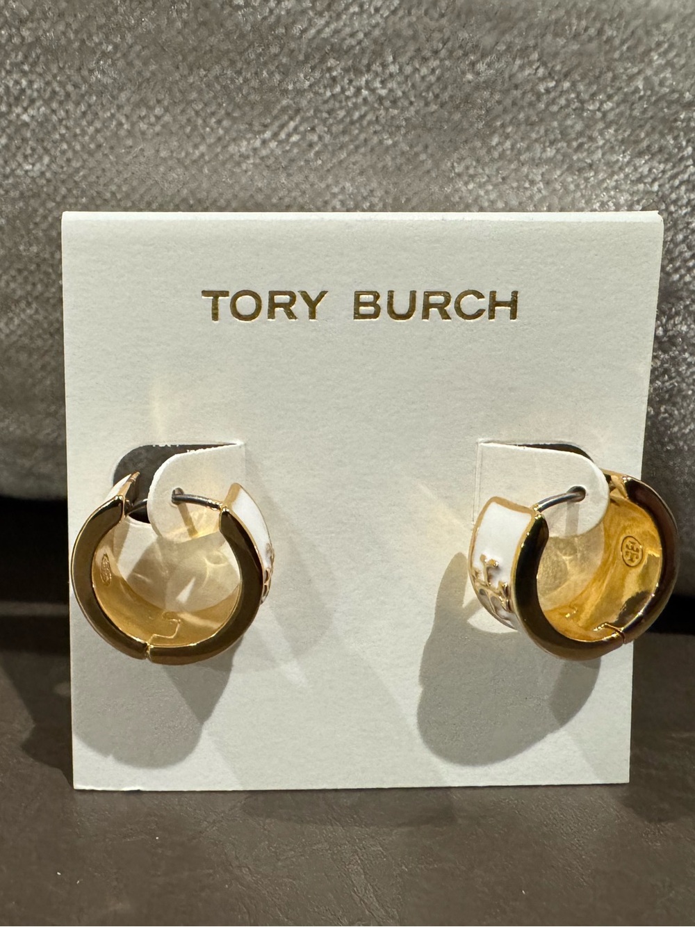 Tory Burch Gold/ White enamel Huggie Hoop Earrings